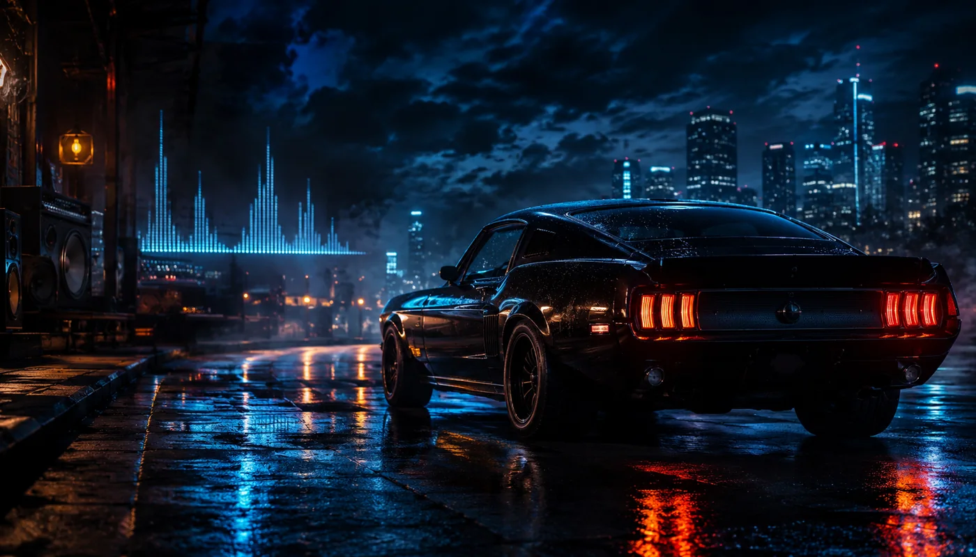 Basswave Pulse represented by a dark car and city audio waveform