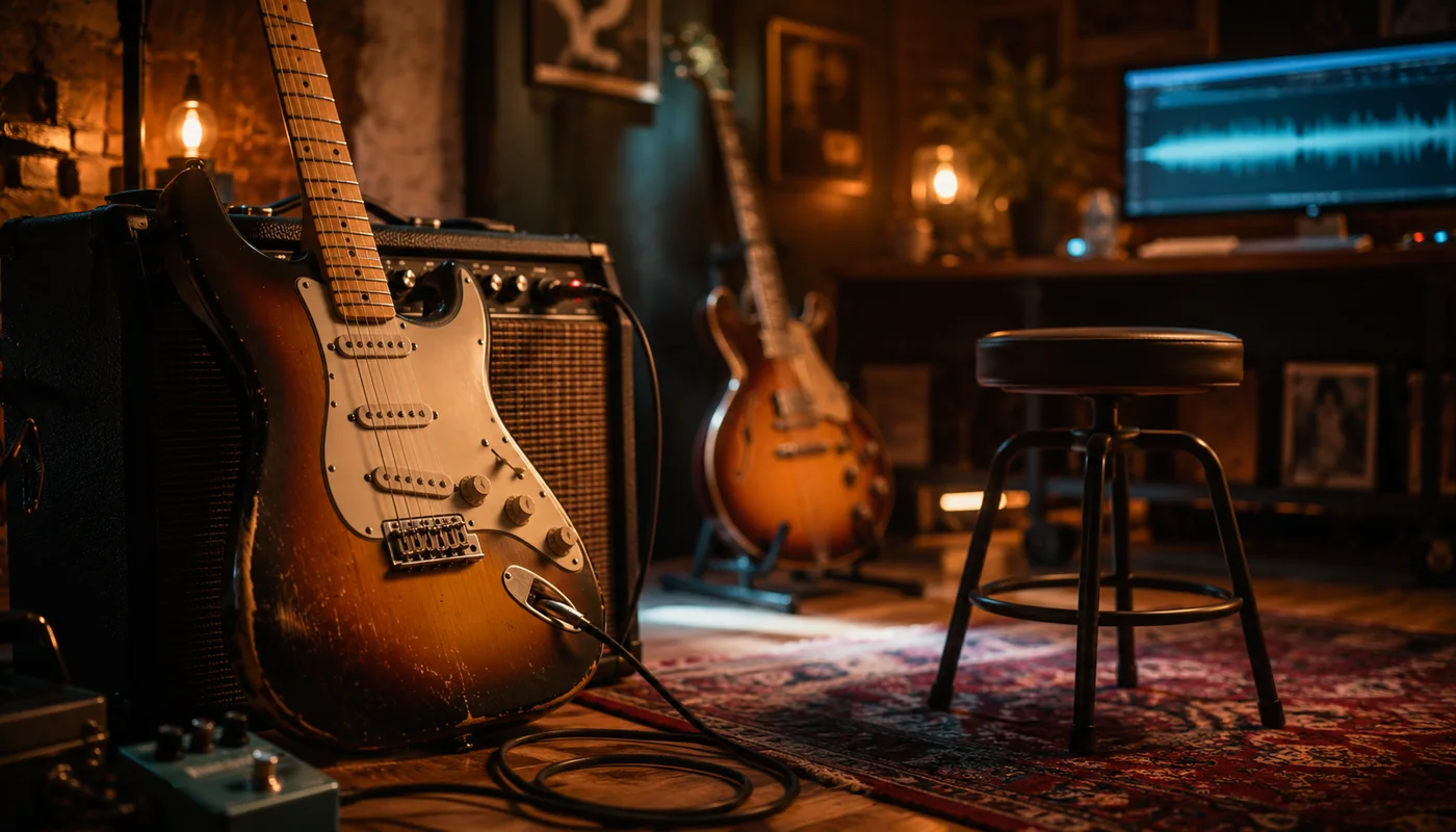 Guitars and studio equipment ready for a play-along session