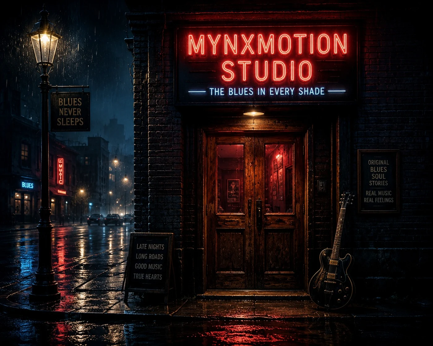 Rainy nighttime entrance to MynxMotion Studio with a glowing blues sign and guitar